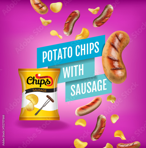Vector realistic illustration with potato chips with sausage.