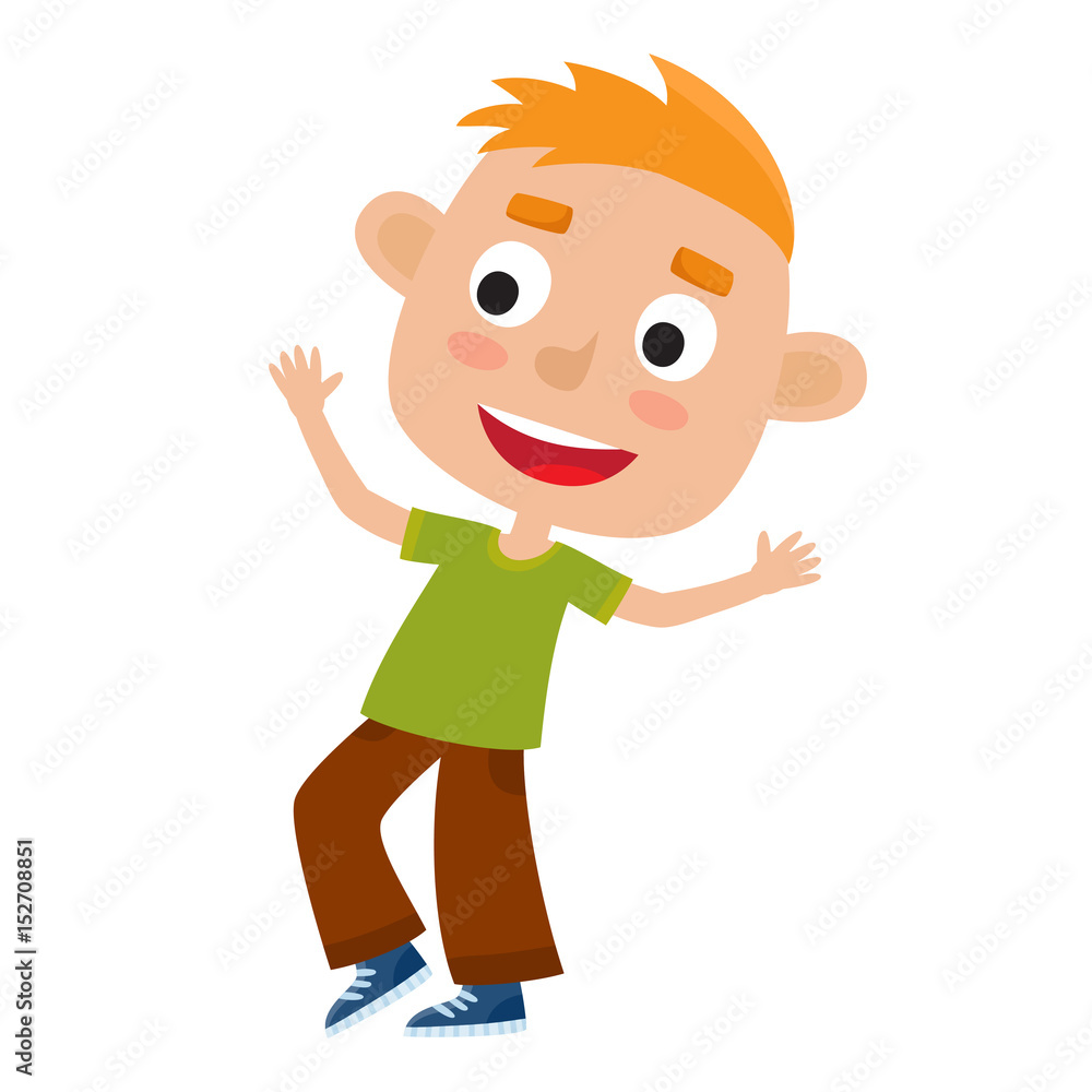 Vector cartoon illustration of little redhaired boy-dancer isolated on white