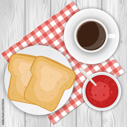 Coffee, toasts and jam. Breakfast vector illustration