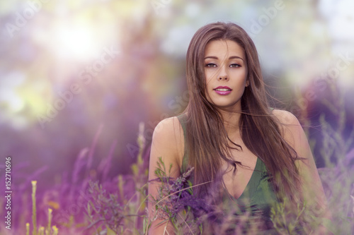 Woman Outdoor Beauty in Nature, Fashion Model in Purple Field Flowers, Beautiful Girl Portrait