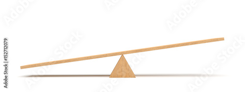 3d rendering of a light wooden seesaw with the left side leaning to the ground on white background. photo