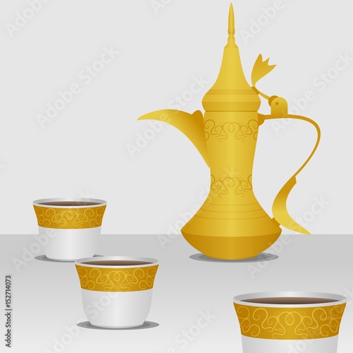 Traditional Arabic Coffee with Dallah Pot and Finjan Demitasse Cups Vector Illustration in Gold Color Gradient Style for Cafe Related Design or Arab History and Tradition Culture