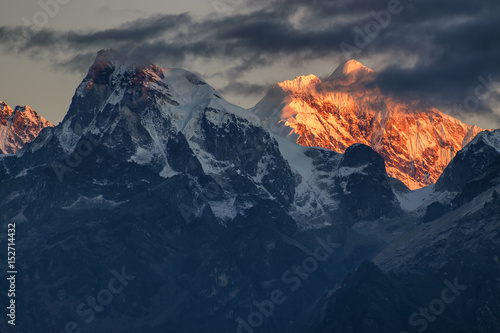 Beautiful first light from sunrise on Mount Kanchenjugha, Himalaya, Sikkim, India.