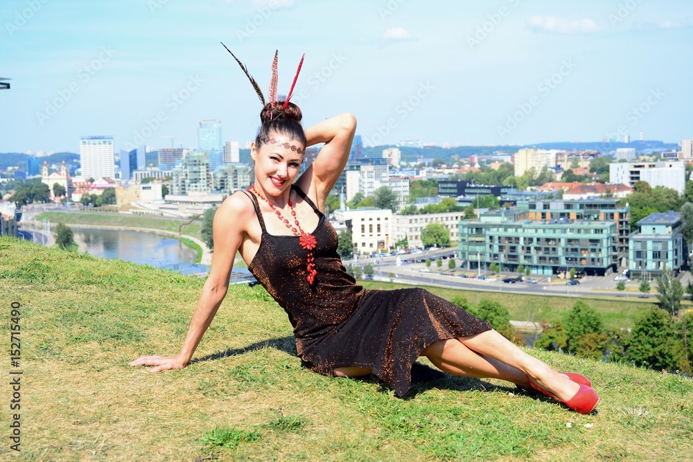 Beautiful girl in Vilnius town on Gediminas castle hill