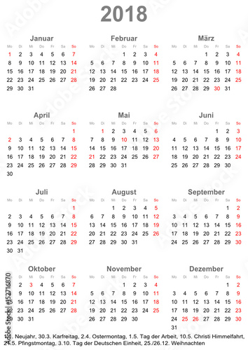 Einfacher Kalender 2018 mit gesetzlichen Feiertagen für Deutschland