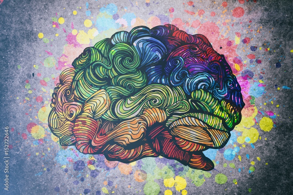 Brain doodle illustration with textures - obrazy, fototapety, plakaty 