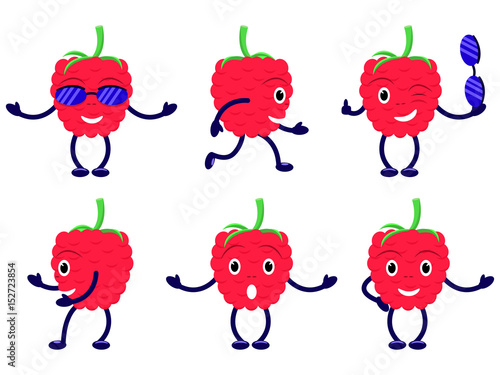 Vector illustration set cartoon funny raspberry. Isolated white background. Flat style. Group of icons of red laughing raspberries.
