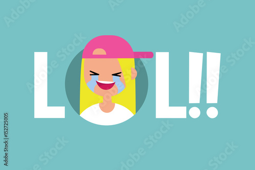 LOL conceptual illustrated sign: laughing out loud teenage girl / editable vector flat illustration
