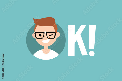 Funny winking nerd says "Ok" / Conceptual illustrated sign. Flat editable vector clip art