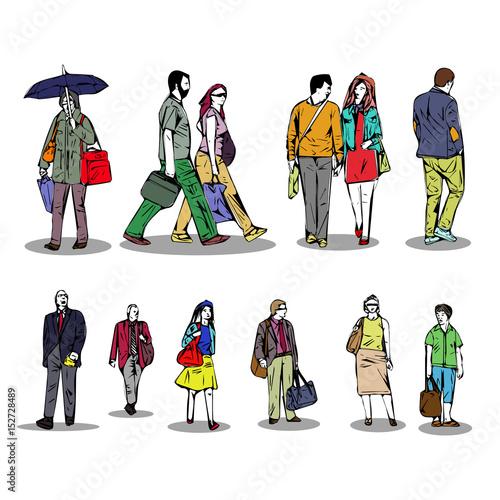  illustration of abstract people walking on a white background