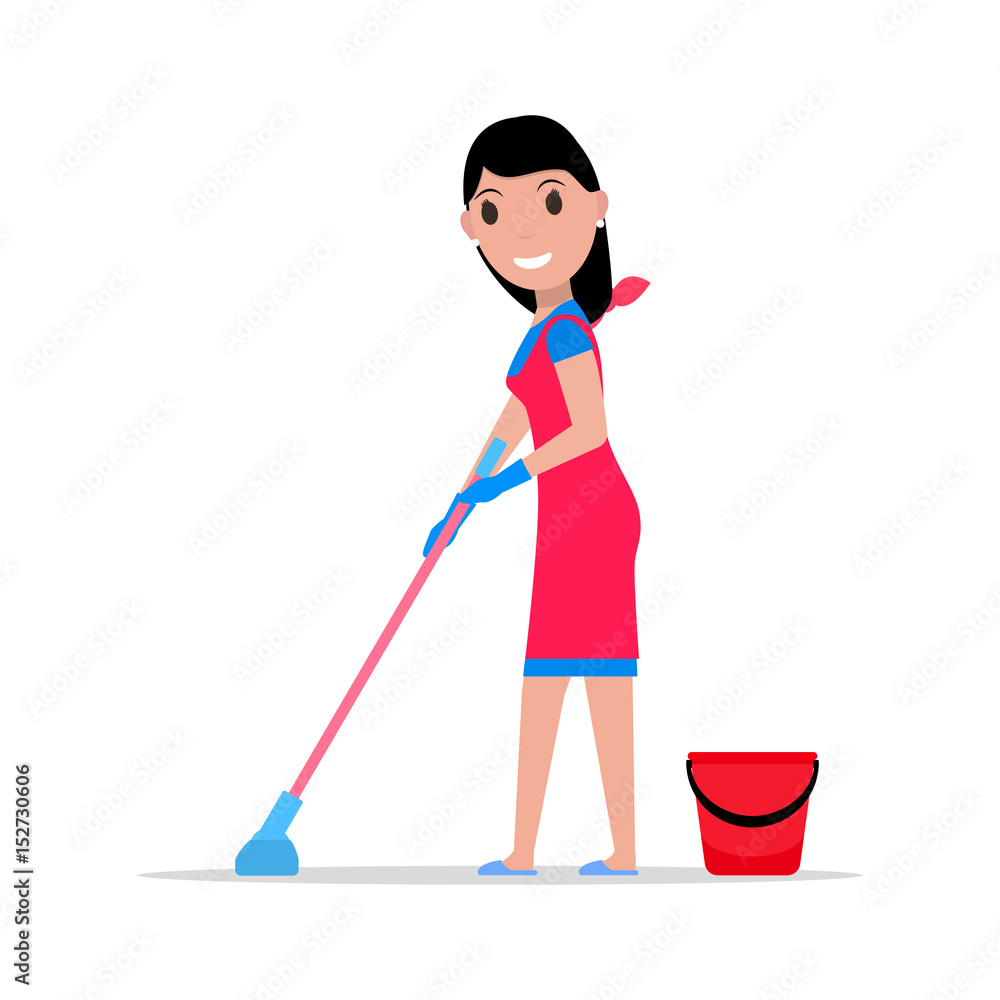 Vector illustration of a cartoon girl with a mop and a bucket washes the floors. Isolated white background. Flat style. Concept of a business cleaning service. Vector illustration of a cartoon girl with a mop and a bucket washes the floors. Isolated white background. Flat style. Concept of a business cleaning service.