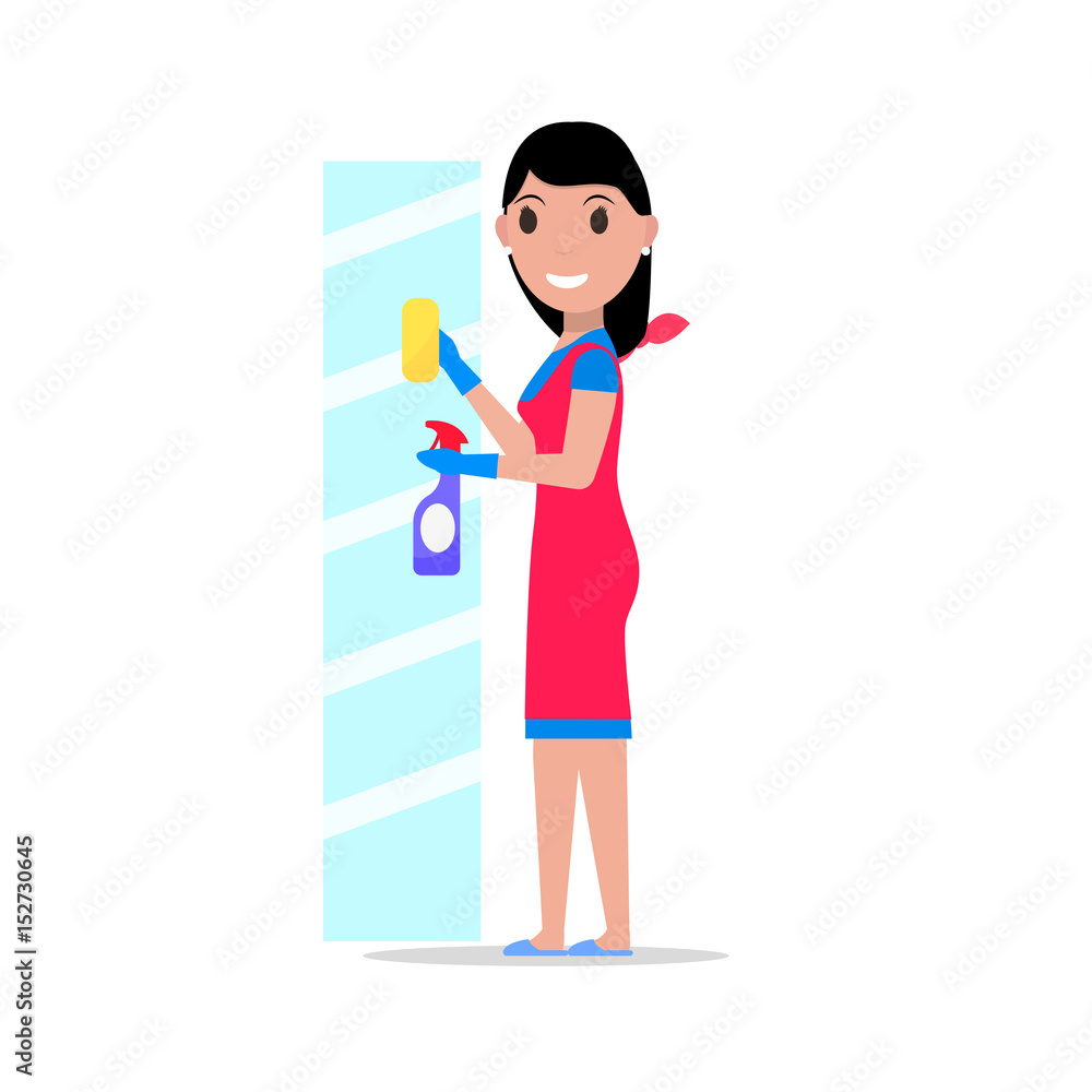Vector illustration of a cartoon girl with a rag and detergent washes the glass. Isolated white background. Flat style. Concept of a business cleaning service. Vector illustration of a cartoon girl with a rag and detergent washes the glass. Isolated white background. Flat style. Concept of a business cleaning service.