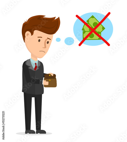 Vector cartoon modern trendy stylish flat character illustration icon design. Sad man looks in an empty wallet. No money, crisis, business, businessman, no job concept. Isolated on white background