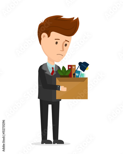 Dismissal frustrated concept. Business man is fired from the office stay with box. Vector cartoon modern trendy flat character illustration icon design. You are fired, employee job reduction, crisis