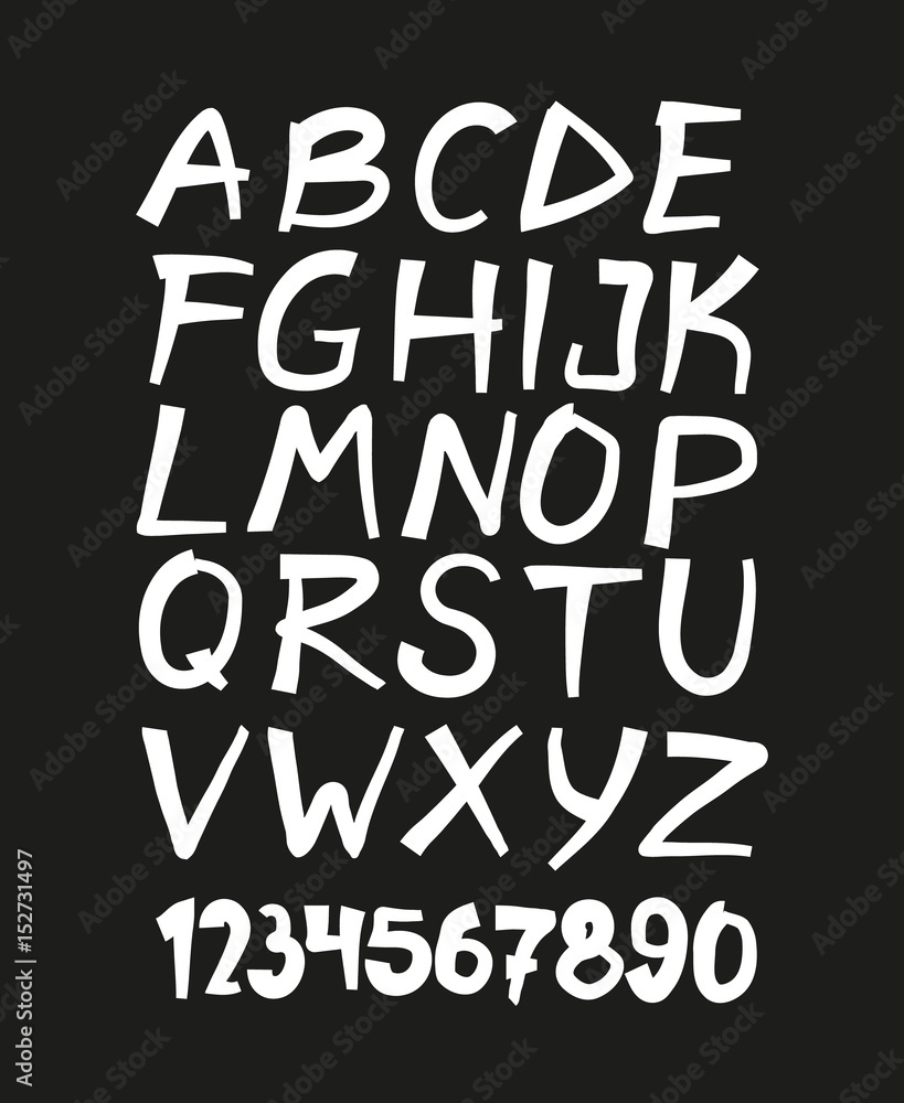 Hand drawn letters and numbers font. marker lettering. Grunge font, Sans serif. Vector design. Isolated on black background. alphabet written with ink, brush. calligraphy, lettering