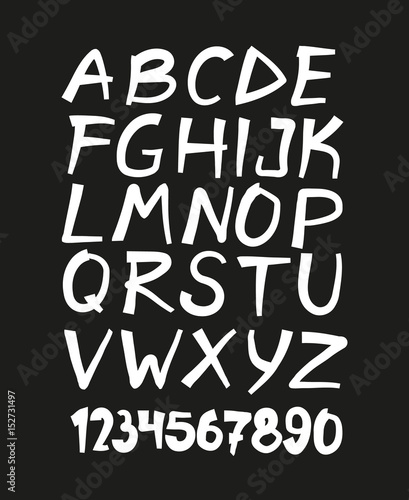 Hand drawn letters and numbers font. marker lettering. Grunge font, Sans serif. Vector design. Isolated on black background. alphabet written with ink, brush. calligraphy, lettering