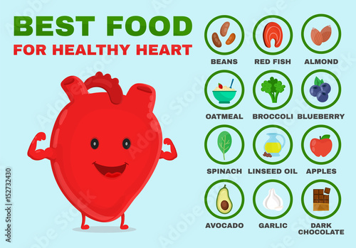 Best food for healthy heart. Strong heart character. Vector flat cartoon illustration icon. Isolated on blue backgound. Health food, diet, products, nutrition, nutriment infographic concept