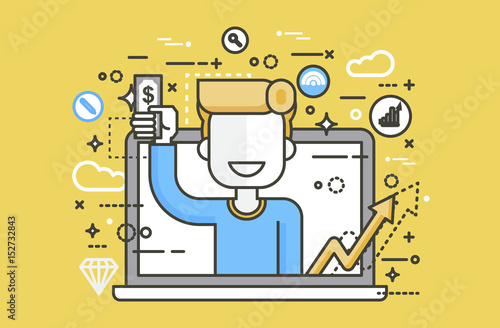 Vector illustration man money in hand design element financial education, banking, deposit, win, earning, income, saving, discount online marketing management line art