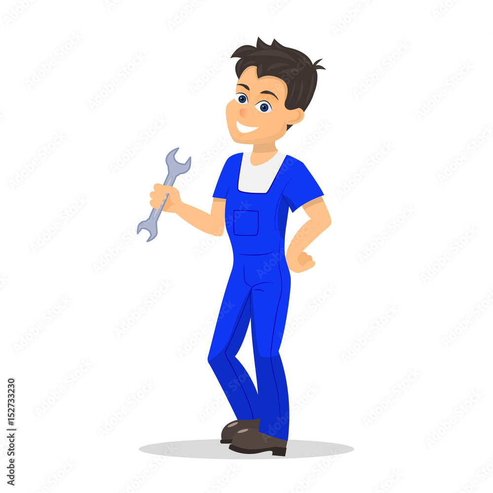 Vector illustration of a cartoon handyman man with a wrench. Isolated white background. Concept of business service repair. Boy workman in blue work clothes with a working tool. Vector illustration of a cartoon handyman man with a wrench. Isolated white background. Concept of business service repair. Boy workman in blue work clothes with a working tool.