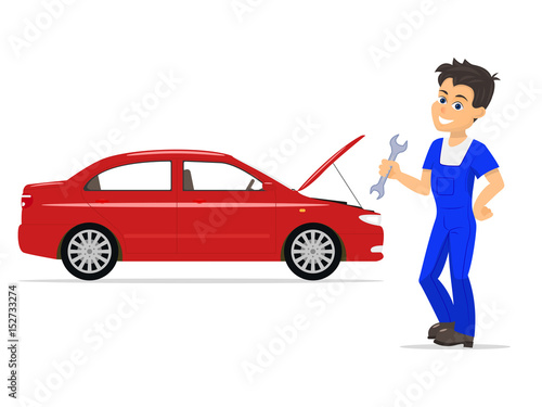 Vector illustration cartoon mechanic man with a wrench. Isolated white background. Concept of business service car repair. Boy workman in blue work clothes with a working tool.
