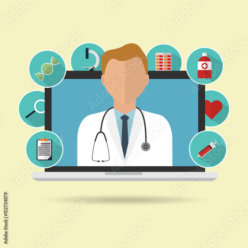 Doctor on internet online laptop for telemedicine with longs shadow medical icon. Vector illustration flat design medical healthcare concept technology trend.