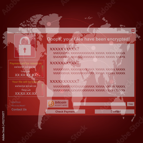 Malware Ransomware wannacry virus encrypted files and show massage for bitcon payment on world background. Vector illustration cybercrime and cyber security concept.