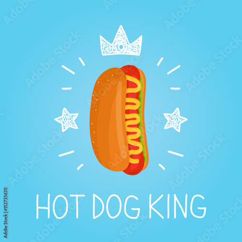 King hot dog. vector cartoon flat and doodle fun isolated  illustration. Crown and stars icon. hot dog cafe,  meal, delivery, fast food concept design