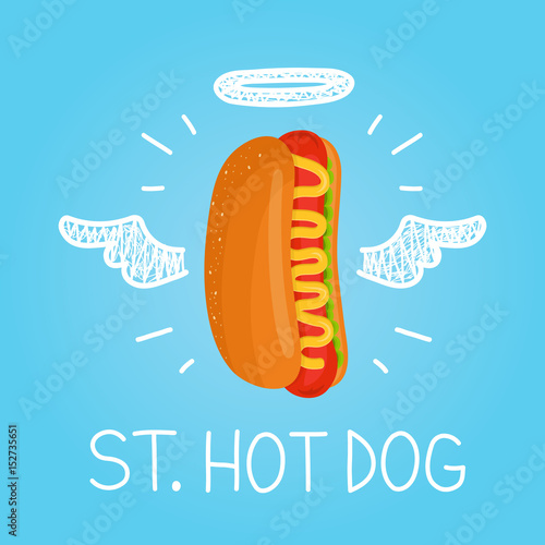 Heaven hot dog concept "St. hot dog" with angel halo and wings. Flat and doodle vector isolated meal, delivery, cafe, fun illustration icon. Love hot dog for fast food cafe concept
