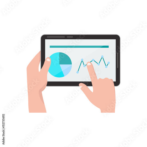 hands with tablet pc. vector flat cartoon illustration icon design. Business concept. Graphics, statistics. Isolated on white background