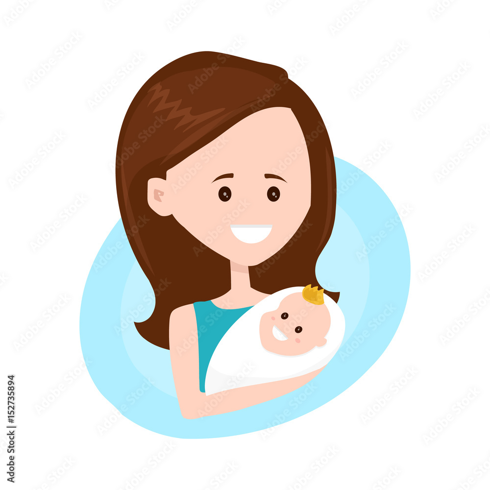 Mother modern flat style character holds little child on hands. Vector illustration design isolated on white background. Mother with child character Mother modern flat style character holds little child on hands. Vector illustration design isolated on white background. Mother with child character