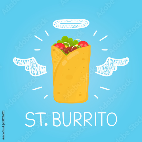 Heaven burrito concept "St. burrito" with angel halo and wings. Flat and doodle vector isolated meal, delivery, cafe, fun illustration icon. Love burrito for fast food cafe