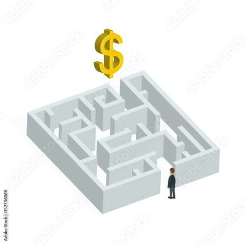 Isometric 3d creative business concept. Labyrinth solution and businessman. Vector flat illustration.  In search of profit and money. Isolated on white background