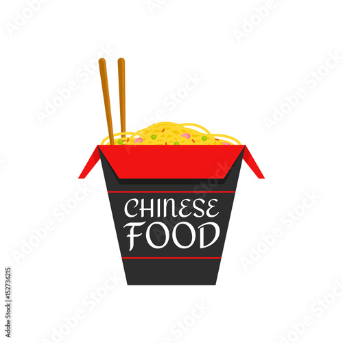 Chinese food isolated flat cartoon vector illustration icon isolated on white background. noodles box ingredient, original recipe, chopsticks, wok noodles. Chinese food logo concept