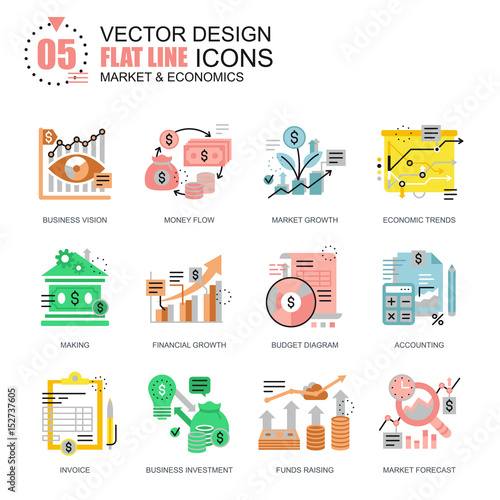 Flat line global market economics icons