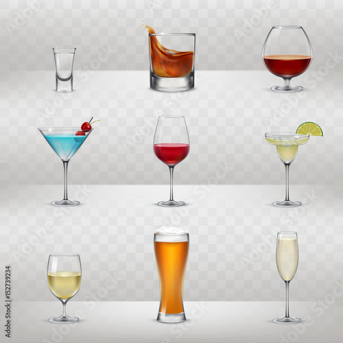 Set of vector illustrations of glasses for alcohol in a realistic style