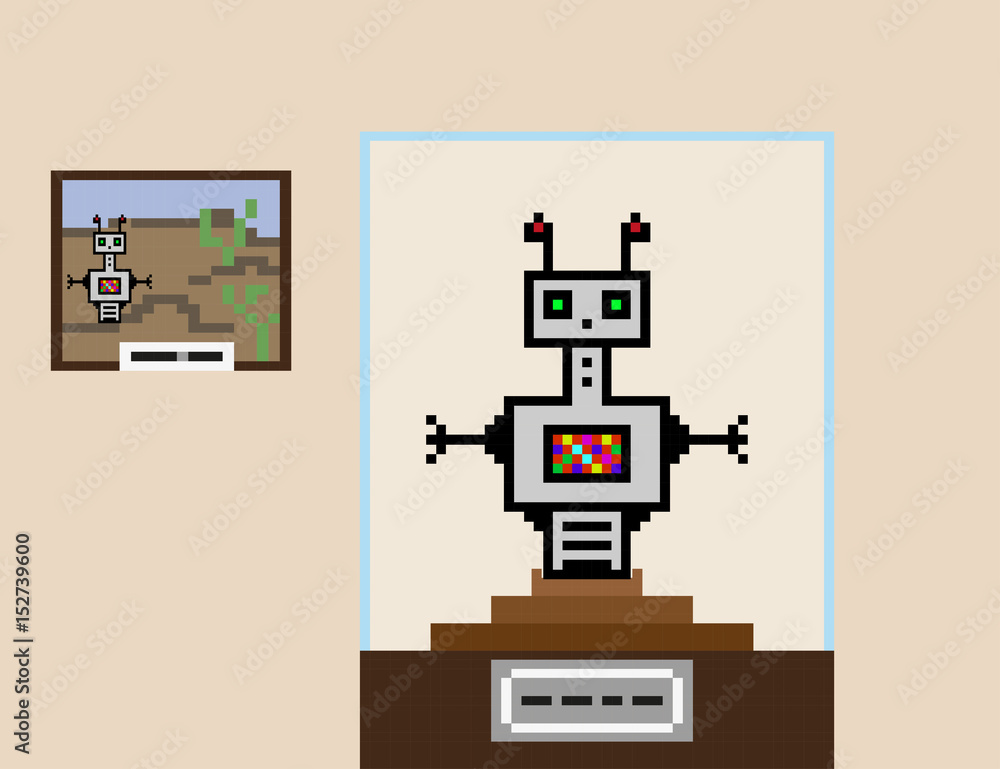 Composition in pixel style. The robot researcher stands on the pedestal, as a museum exhibit. Next to him is a picture showing a robot against the backdrop of a rocky landscape.