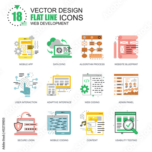 Flat line web development icons