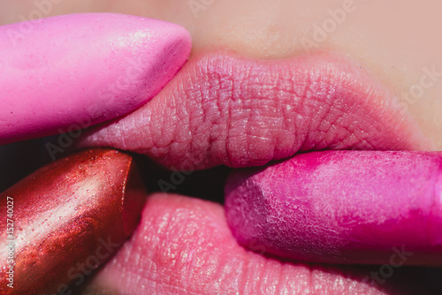 lips of woman or girl and lipstick pink and red