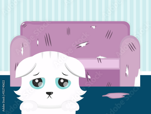 The cat spoiled the sofa. sad cat vector flat cartoon illustration design. Pets sharpening claws on the sofa concept.  torn cushion
