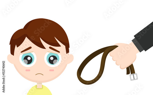 Sad frightened child and a parent's hand with a strap. Vector flat cartoon character illustration design icon. Isolated on white background. Punishment of children concept