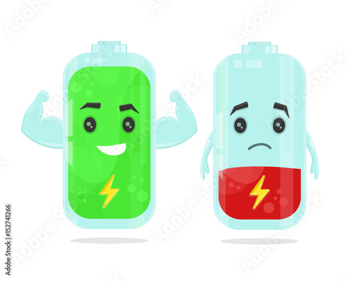 Full and low battery character. vector flat cartoon illustration icon design. Isolated on white background. Energy power concept