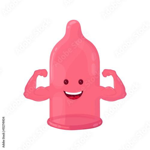 Strong condom shows muscles. isolated on white background. vector flat design cartoon illustration character icon. Save sex concept