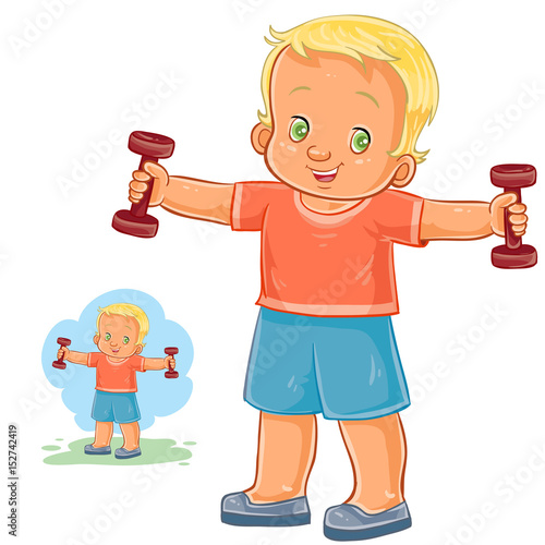 Vector illustration of a little boy doing morning exercise with dumbbells. Print, template, design element