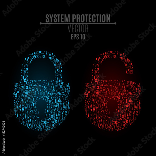 Luminous locks of blue and red colors from binary code. High technology in design. The system is under reliable protection. Bright glow. Vector illustration