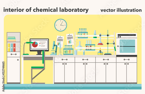 Vector illustration of Chemical laboratory interior. Tubes, microscope and computer in flat design style
