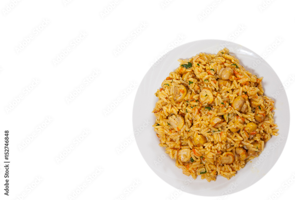 rice with mushrooms on plate. top view. isolated on white rice with mushrooms on plate. top view. isolated on white
