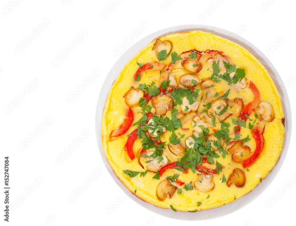 omelet with mushrooms, and vegetables. top view. isolated on white omelet with mushrooms, and vegetables. top view. isolated on white