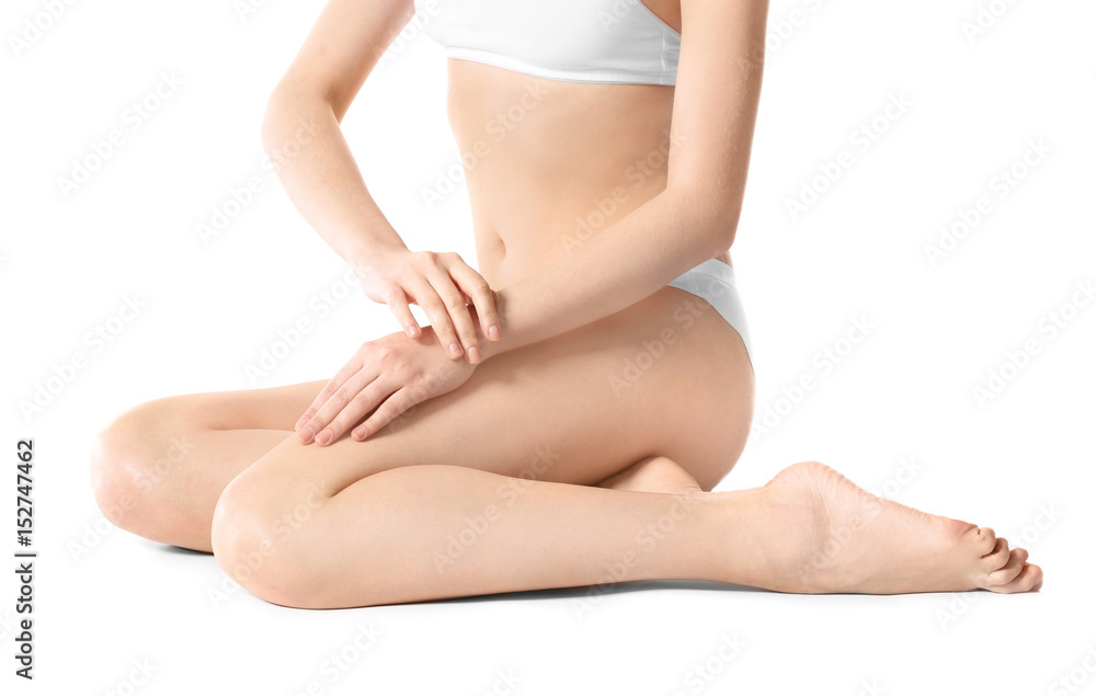 Beautiful young woman on white background. Epilation concept