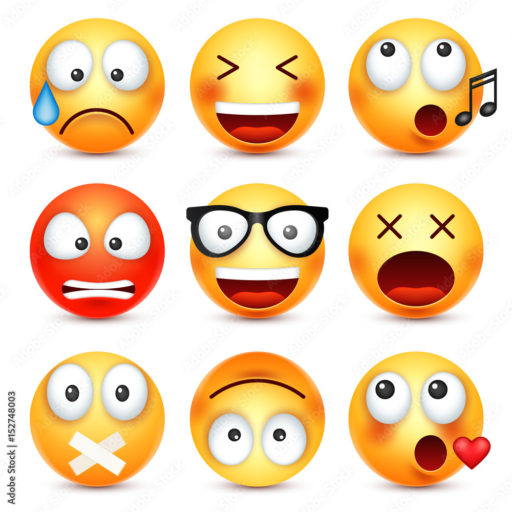 Smiley,emoticon set. Yellow face with emotions. Facial expression. 3d realistic emoji. Sad,happy,angry faces.Funny cartoon character.Mood. Web icon. Vector illustration. Smiley,emoticon set. Yellow face with emotions. Facial expression. 3d realistic emoji. Sad,happy,angry faces.Funny cartoon character.Mood. Web icon. Vector illustration.