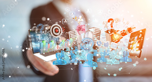 Businessman connecting devices and business objects together 3D rendering